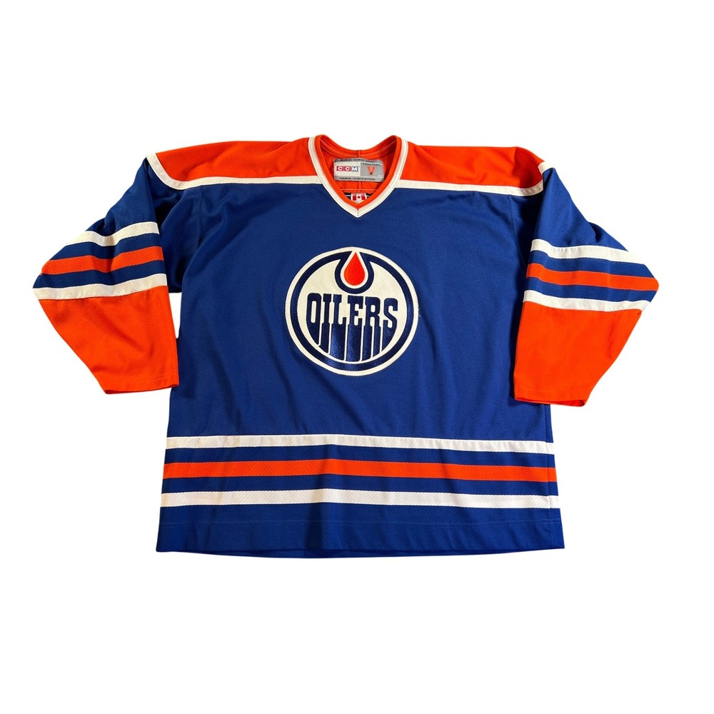 CCM Hockey Jersey Mens XXL Blue Edmonton Oilers Vintage NHL Mesh Striped